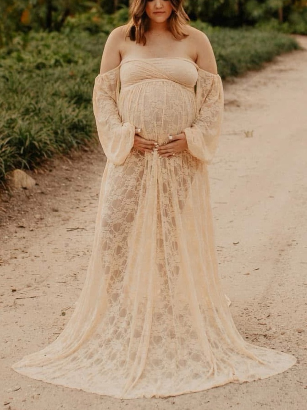 Boho Lace Maternity Gown in Soft Champagne